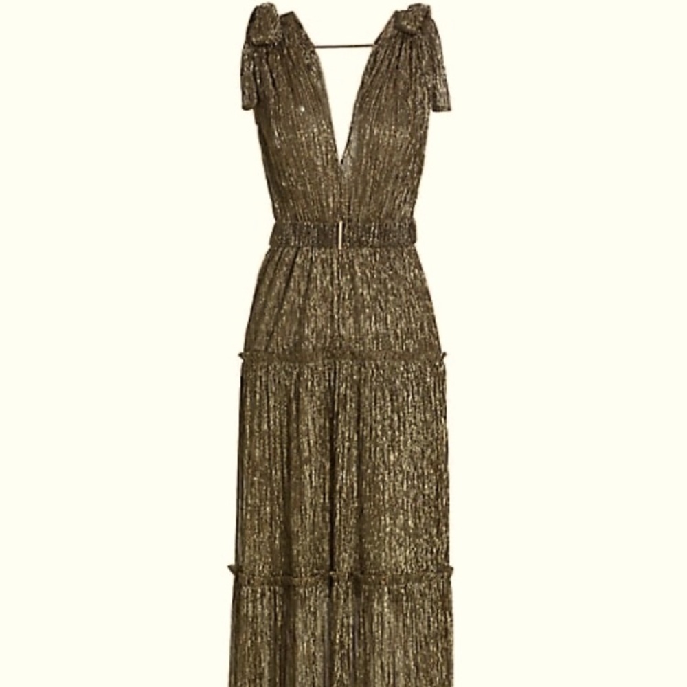 Gold Metallic V-Neck Tiered Maxi Dress
